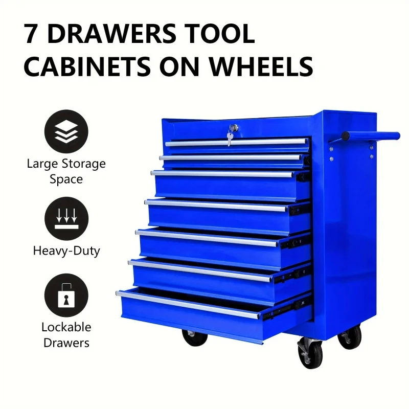 Tools At Workshop - 7段引き出し付きブルー多機能ツールトロリー（車輪付き）、自動車修理用ツールカート、ワークショップ用ハードウェアツールキャビネット