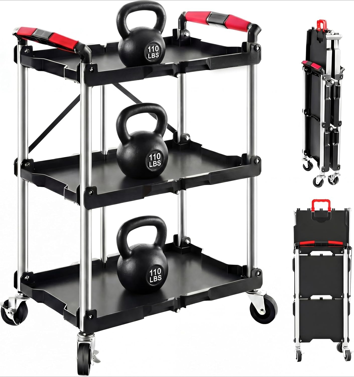 Tools Trolley For Workshop - 3段折りたたみ式ローリングユーティリティサービスカート 330LBS 耐荷重 折りたたみ式ホイール付きツール収納トロリー 家庭用ガレージ ワークショップ
