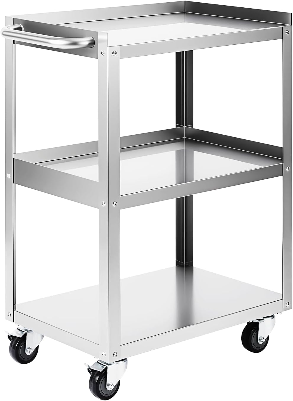 Tools Trolley For Workshop - 3段ステンレス製ローリングユーティリティカート 24インチ x 16インチ ホイール付きサービス台車 高さのあるリム付き収納棚付き