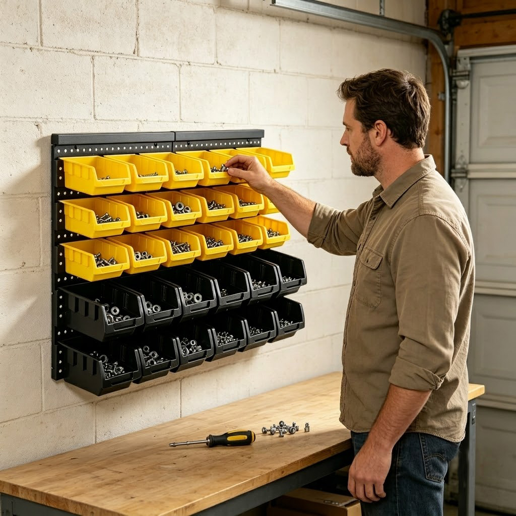 壁掛け収納ボックスオーガナイザーラック、30個の2色ビン付き - Workshop Tools Hanging のレビューと価格