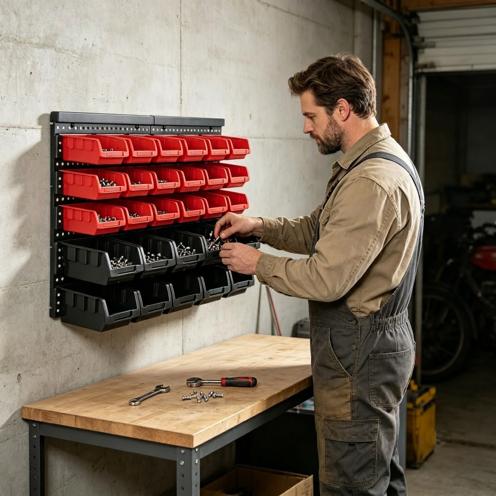 壁掛け収納ボックスオーガナイザーラック、30個の2色ビン付き - Workshop Tools Hanging のレビューと価格