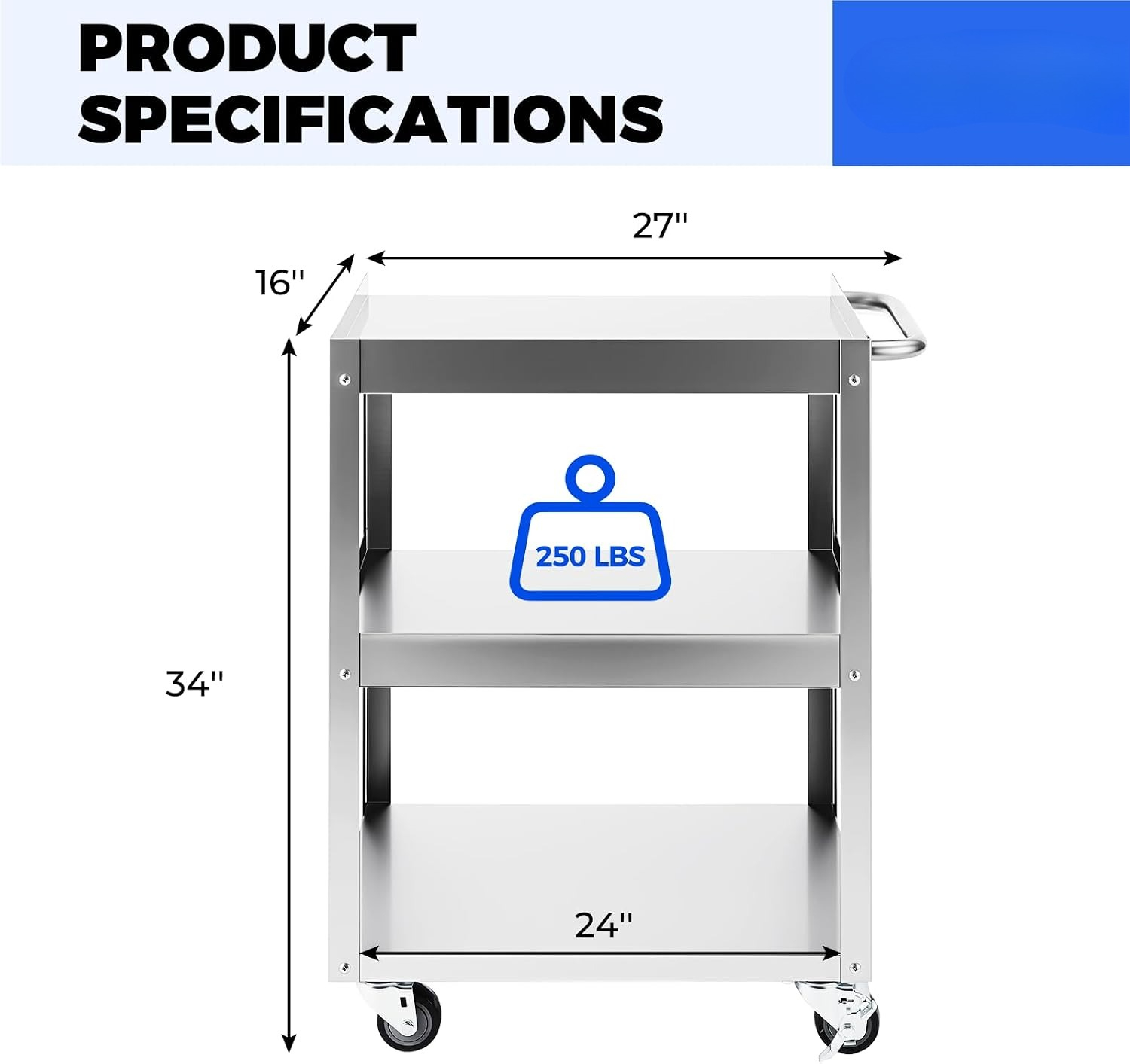 3段ステンレス製ローリングユーティリティカート 24インチ  - Tools Trolley For Workshop のレビューと価格
